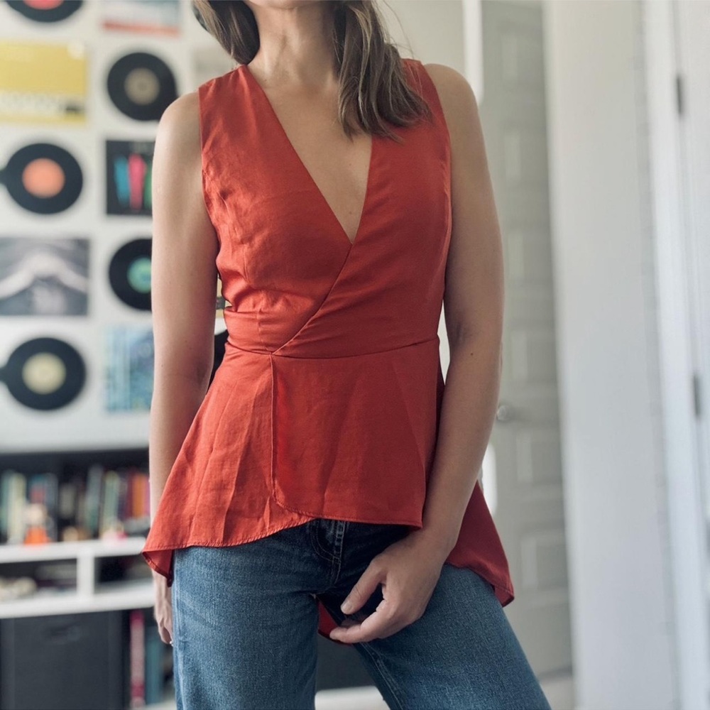 BCBGMaxAzria Terracotta Sleeveless Wrap Blouse